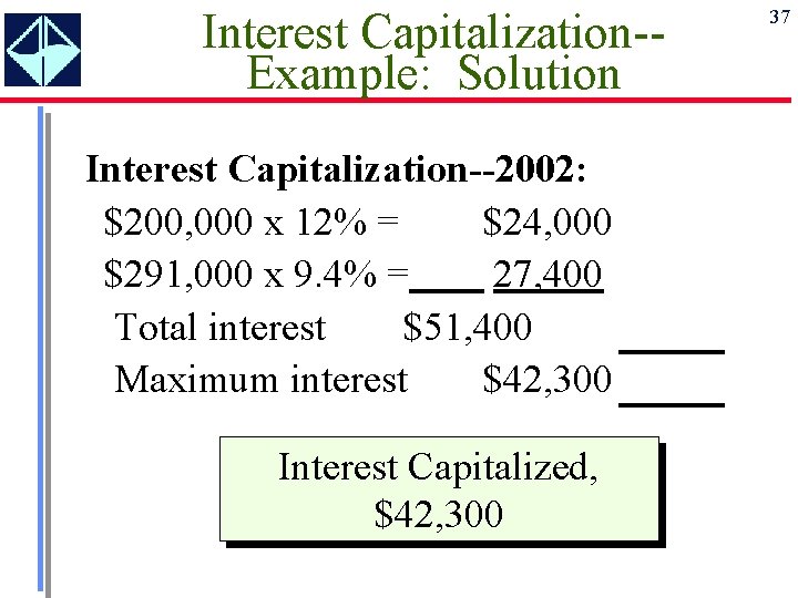Interest Capitalization-Example: Solution Interest Capitalization--2002: $200, 000 x 12% = $24, 000 $291, 000