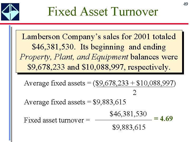 Fixed Asset Turnover Lamberson Company’s sales for 2001 totaled $46, 381, 530. Its beginning
