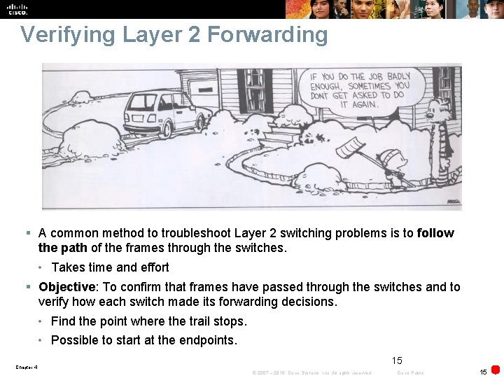 Verifying Layer 2 Forwarding § A common method to troubleshoot Layer 2 switching problems