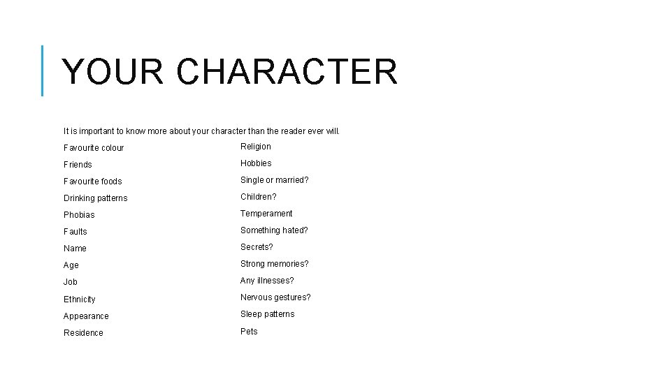 YOUR CHARACTER It is important to know more about your character than the reader