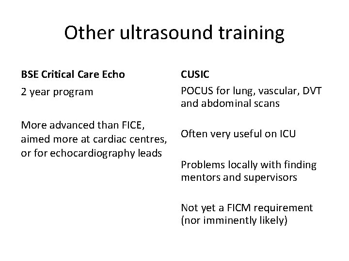 Other ultrasound training BSE Critical Care Echo 2 year program CUSIC POCUS for lung,