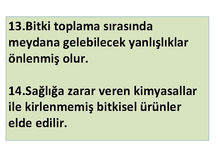 13. Bitki toplama sırasında meydana gelebilecek yanlışlıklar önlenmiş olur. 14. Sağlığa zarar veren kimyasallar