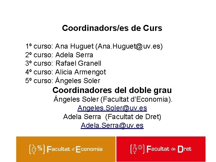 Coordinadors/es de Curs 1º curso: Ana Huguet (Ana. Huguet@uv. es) 2º curso: Adela Serra