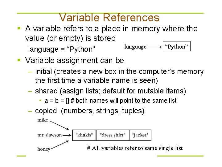Variable References § A variable refers to a place in memory where the value
