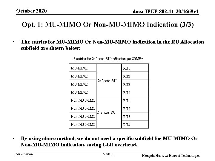 October 2020 doc. : IEEE 802. 11 -20/1669 r 1 Opt. 1: MU-MIMO Or
