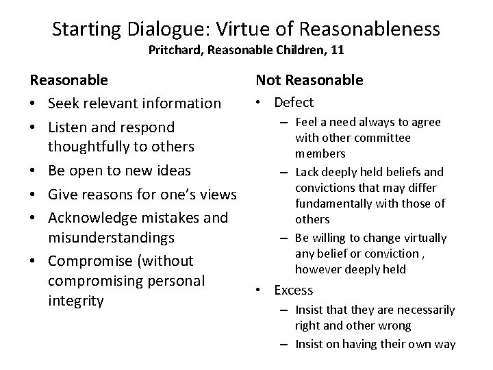 Starting Dialogue: Virtue of Reasonableness Pritchard, Reasonable Children, 11 Reasonable • Seek relevant information