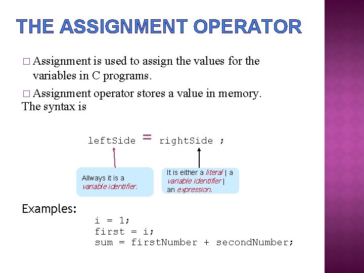 THE ASSIGNMENT OPERATOR � Assignment is used to assign the values for the variables