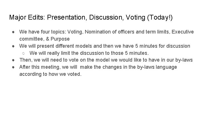 Major Edits: Presentation, Discussion, Voting (Today!) ● We have four topics: Voting, Nomination of