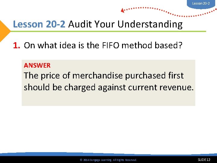 Lesson 20 -2 Audit Your Understanding 1. On what idea is the FIFO method