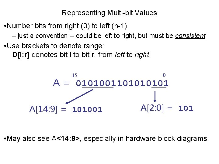 Representing Multi-bit Values • Number bits from right (0) to left (n-1) – just