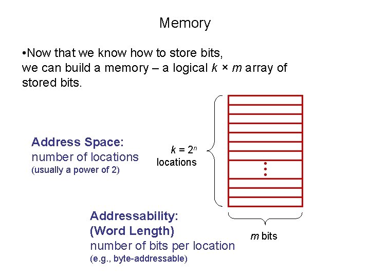 Memory • Now that we know how to store bits, we can build a