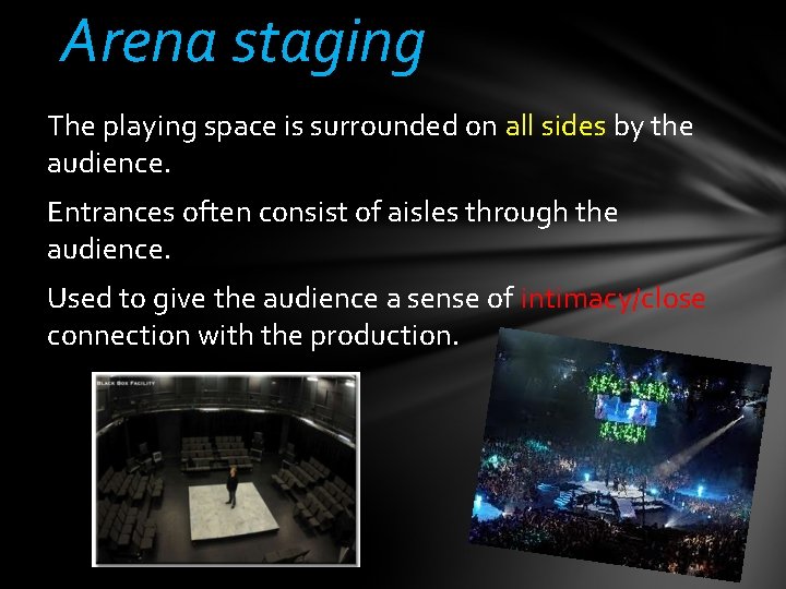 Arena staging The playing space is surrounded on all sides by the audience. Entrances