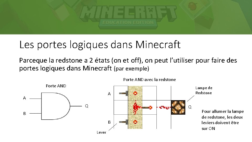 Les portes logiques dans Minecraft Parceque la redstone a 2 états (on et off),