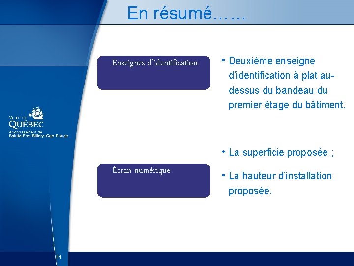 En résumé…… Enseignes d’identification • Deuxième enseigne d’identification à plat audessus du bandeau du