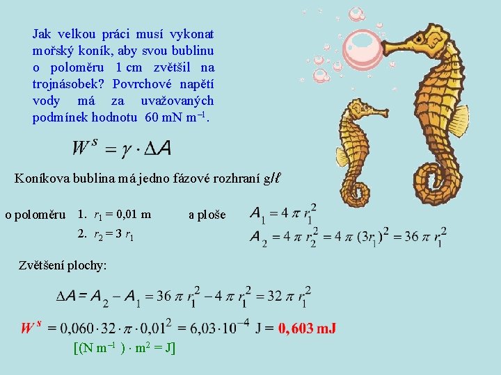 Jak velkou práci musí vykonat mořský koník, aby svou bublinu o poloměru 1 cm