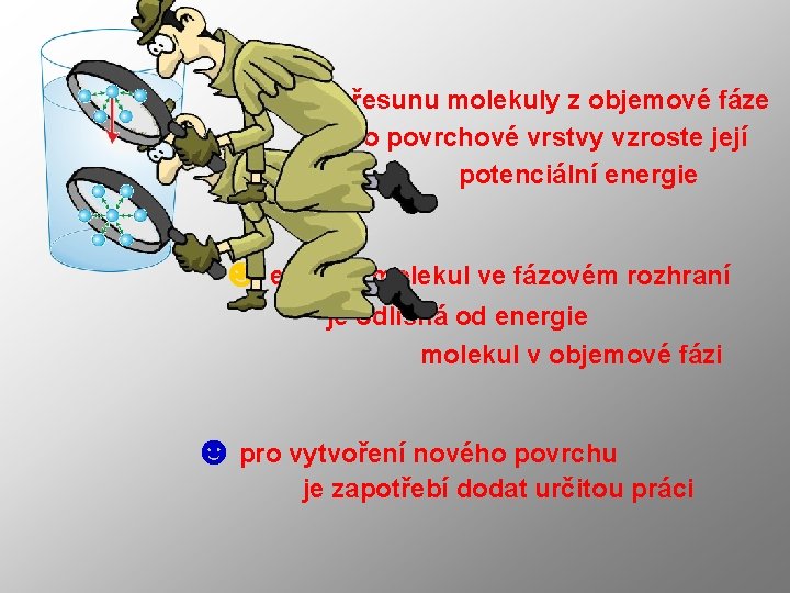 ☻ při přesunu molekuly z objemové fáze do povrchové vrstvy vzroste její potenciální energie