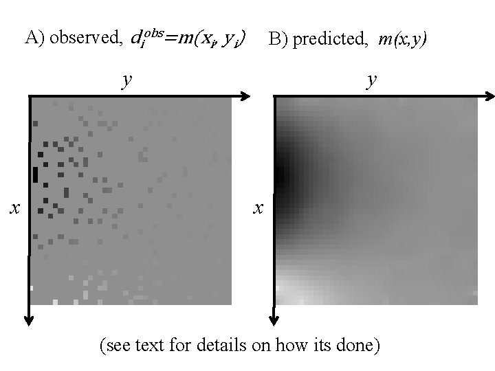 A) observed, diobs=m(xi, yi) B) predicted, m(x, y) y x (see text for details