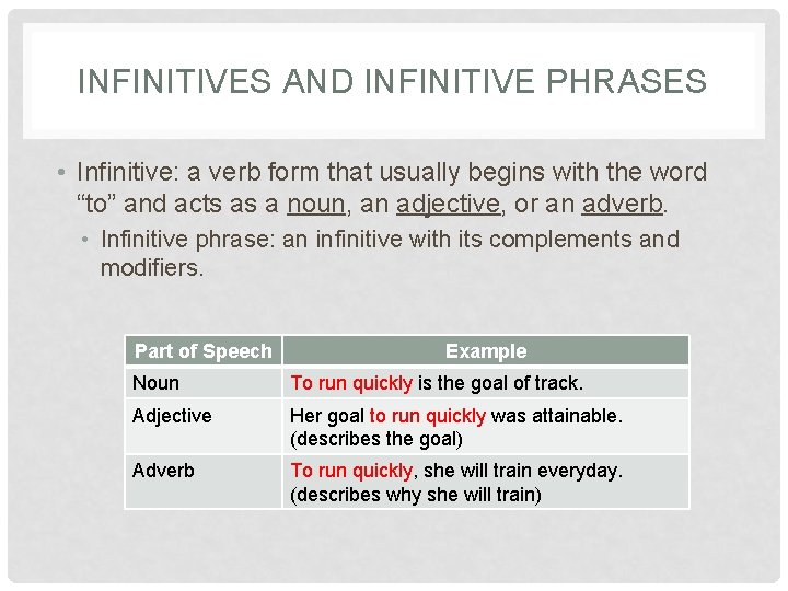 INFINITIVES AND INFINITIVE PHRASES • Infinitive: a verb form that usually begins with the