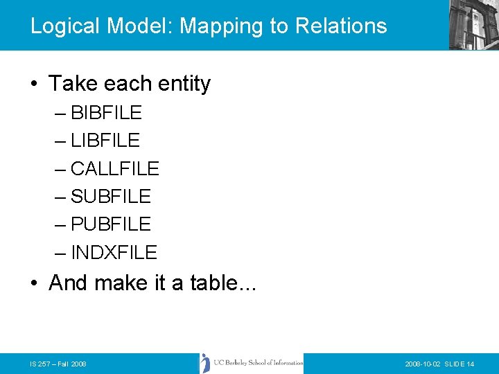 Logical Model: Mapping to Relations • Take each entity – BIBFILE – LIBFILE –