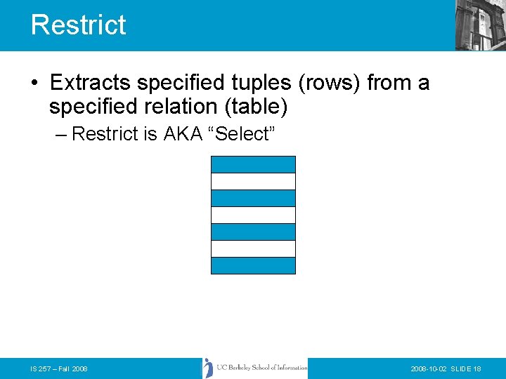 Restrict • Extracts specified tuples (rows) from a specified relation (table) – Restrict is