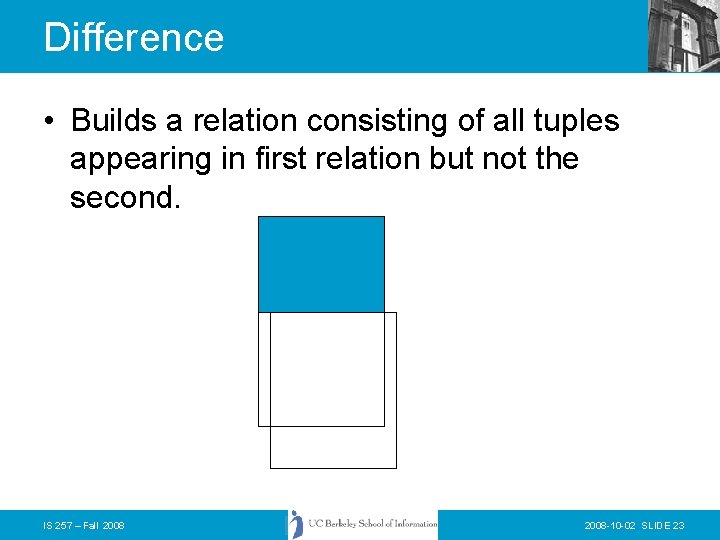 Difference • Builds a relation consisting of all tuples appearing in first relation but