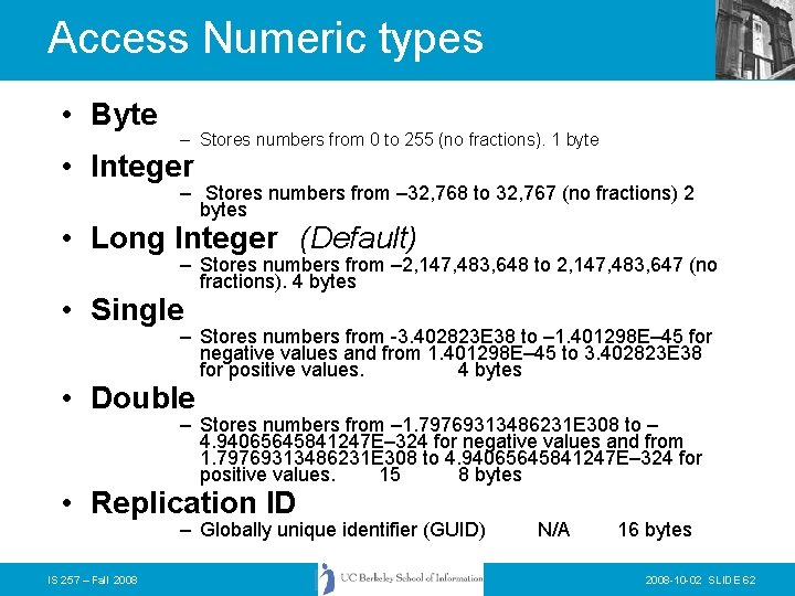 Access Numeric types • Byte – Stores numbers from 0 to 255 (no fractions).