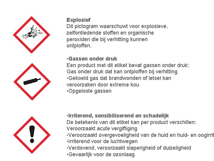 Explosief Dit pictogram waarschuwt voor explosieve, zelfontledende stoffen en organische peroxiden die bij verhitting