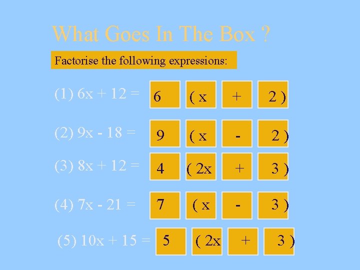 What Goes In The Box ? Factorise the following expressions: (1) 6 x + What Goes In The Box ? Factorise the following expressions: (1) 6 x +