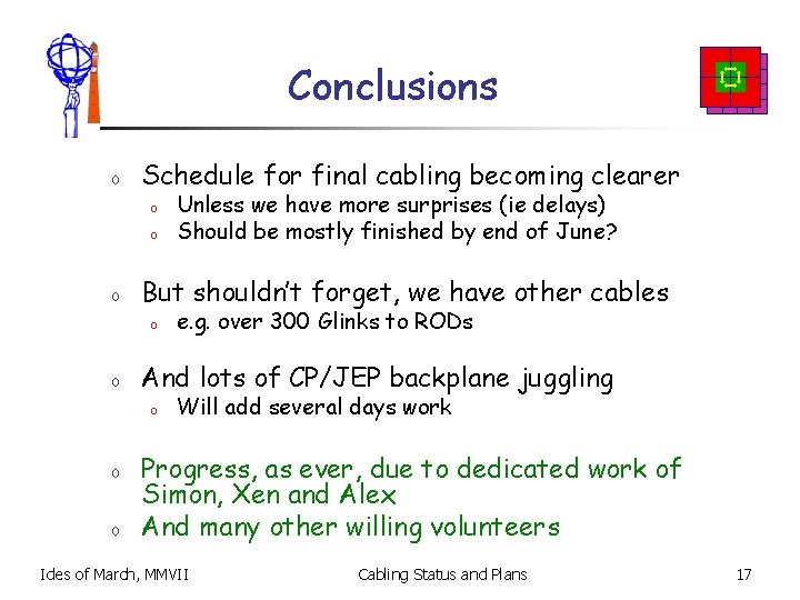 Conclusions o Schedule for final cabling becoming clearer o o o But shouldn’t forget,