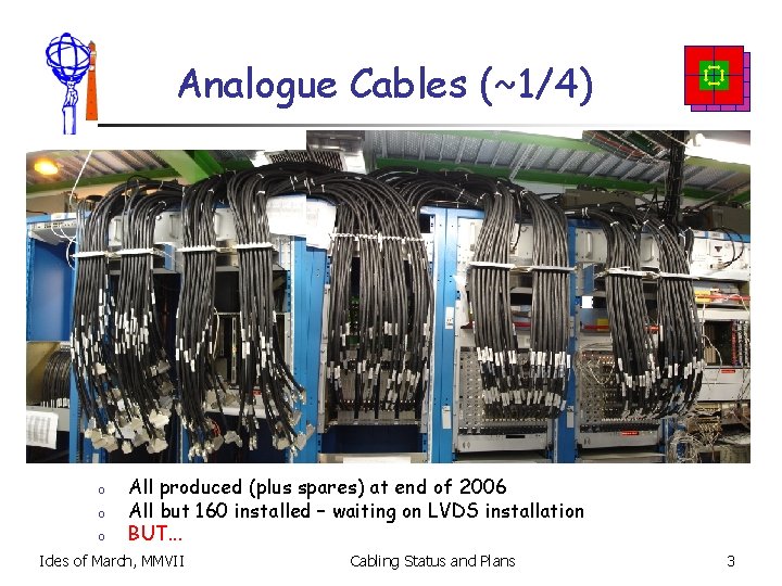 Analogue Cables (~1/4) o o o All produced (plus spares) at end of 2006