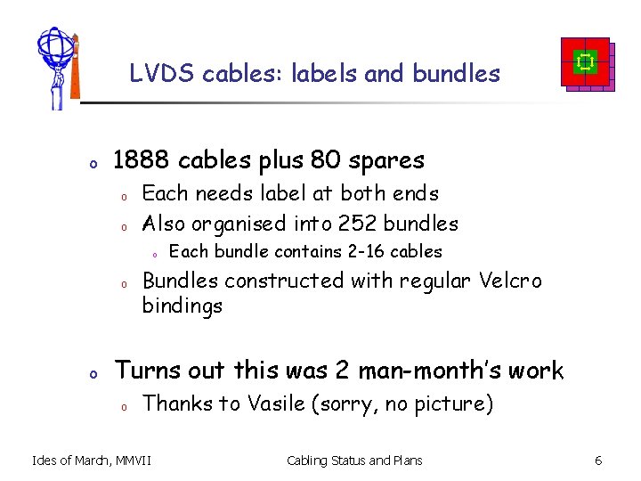 LVDS cables: labels and bundles o 1888 cables plus 80 spares o o Each