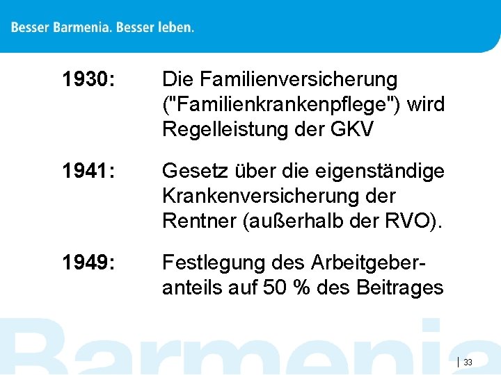 1930: Die Familienversicherung ("Familienkrankenpflege") wird Regelleistung der GKV 1941: Gesetz über die eigenständige Krankenversicherung