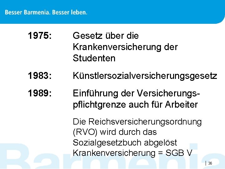 1975: Gesetz über die Krankenversicherung der Studenten 1983: Künstlersozialversicherungsgesetz 1989: Einführung der Versicherungspflichtgrenze auch