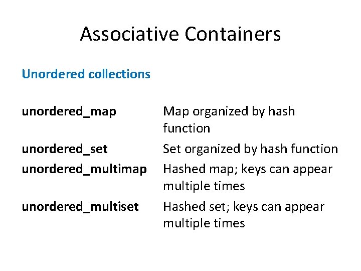 Associative Containers Unordered collections unordered_map unordered_set unordered_multimap unordered_multiset Map organized by hash function Set