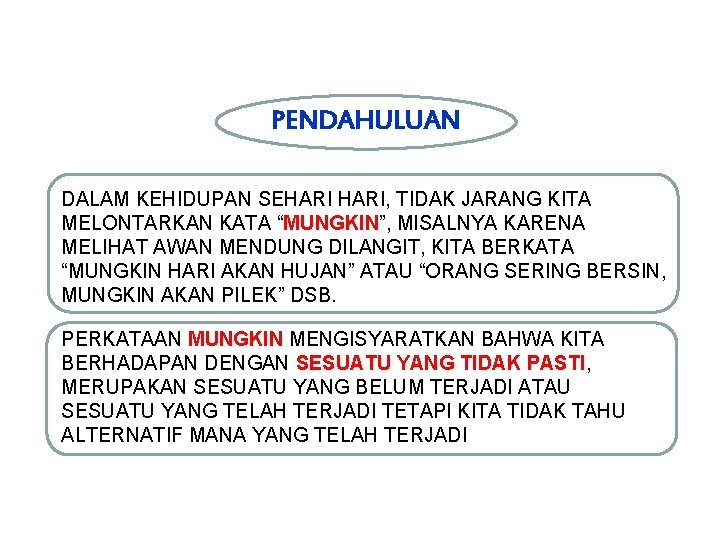 PENDAHULUAN DALAM KEHIDUPAN SEHARI, TIDAK JARANG KITA MELONTARKAN KATA “MUNGKIN”, MISALNYA KARENA MELIHAT AWAN