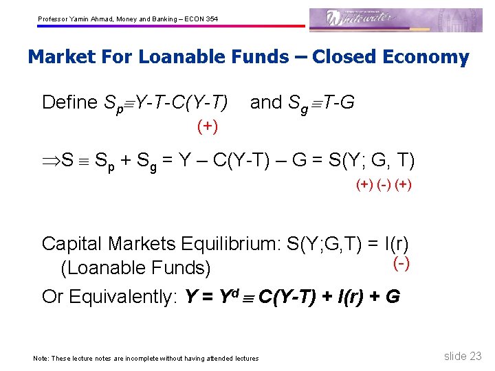 Professor Yamin Ahmad, Money and Banking – ECON 354 Market For Loanable Funds –
