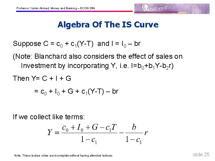 Professor Yamin Ahmad, Money and Banking – ECON 354 Algebra Of The IS Curve