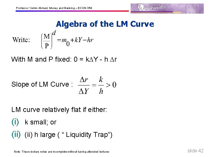 Professor Yamin Ahmad, Money and Banking – ECON 354 Algebra of the LM Curve