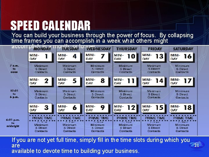 SPEED CALENDAR You can build your business through the power of focus. By collapsing