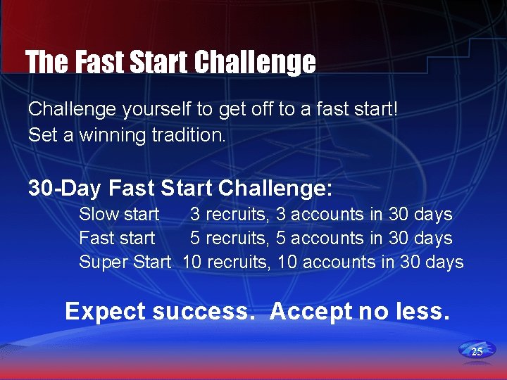 The Fast Start Challenge yourself to get off to a fast start! Set a