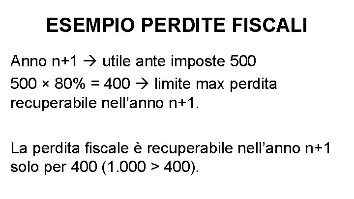 ESEMPIO PERDITE FISCALI Anno n+1 utile ante imposte 500 × 80% = 400 limite