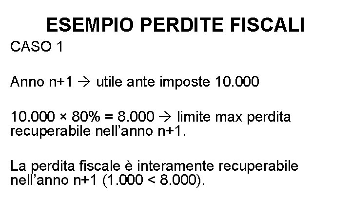 ESEMPIO PERDITE FISCALI CASO 1 Anno n+1 utile ante imposte 10. 000 × 80%