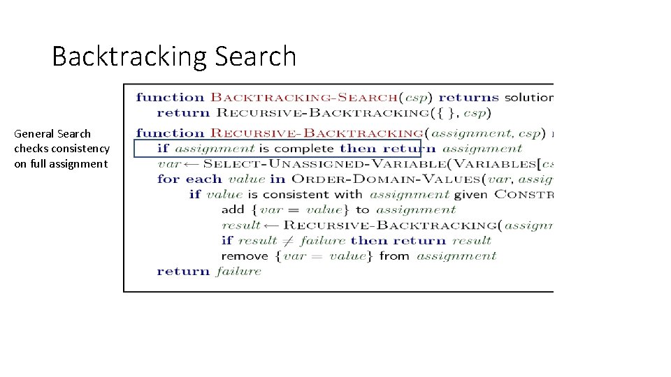 Backtracking Search General Search checks consistency on full assignment Backtracking Search General Search checks consistency on full assignment