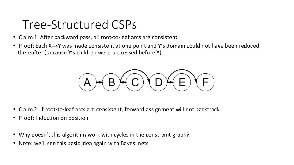 Tree-Structured CSPs • Claim 1: After backward pass, all root-to-leaf arcs are consistent • Tree-Structured CSPs • Claim 1: After backward pass, all root-to-leaf arcs are consistent •