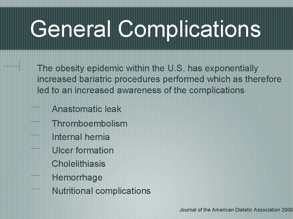 General Complications The obesity epidemic within the U. S. has exponentially increased bariatric procedures