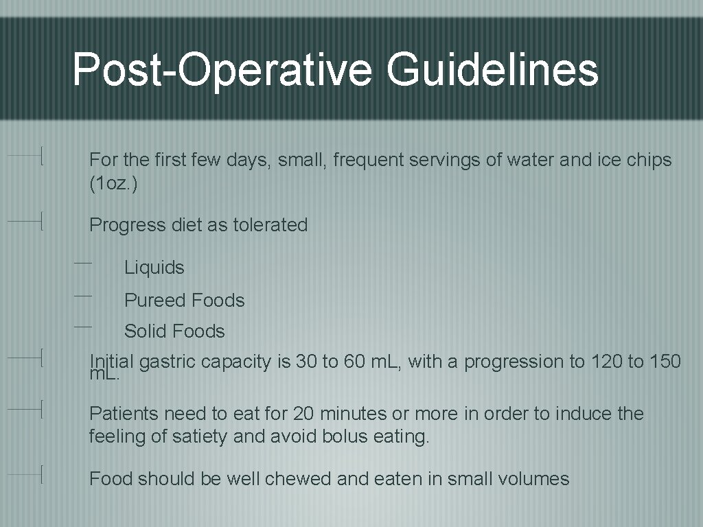 Post-Operative Guidelines For the first few days, small, frequent servings of water and ice