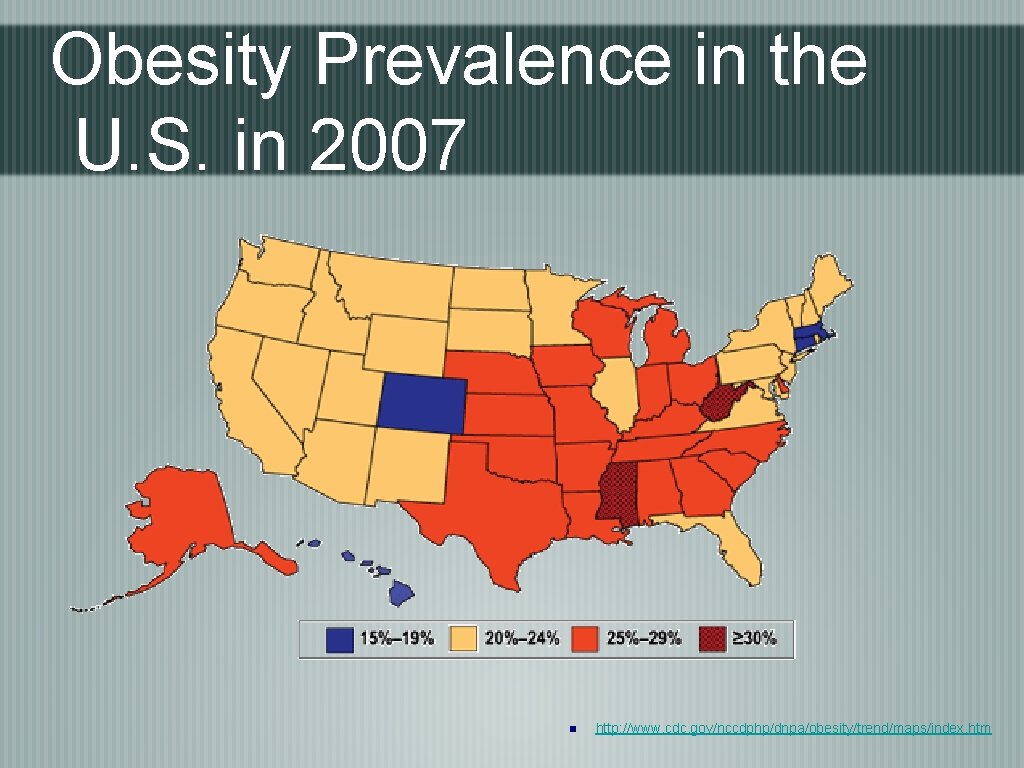 Obesity Prevalence in the U. S. in 2007 n http: //www. cdc. gov/nccdphp/dnpa/obesity/trend/maps/index. htm