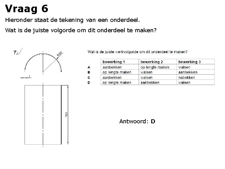 Vraag 6 Hieronder staat de tekening van een onderdeel. Wat is de juiste volgorde