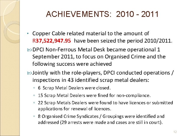 ACHIEVEMENTS: 2010 - 2011 Copper Cable related material to the amount of R 37,