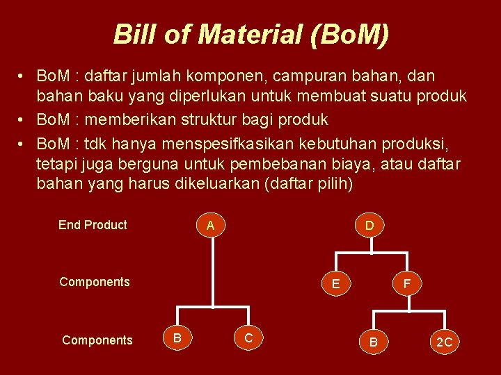 Bill of Material (Bo. M) • Bo. M : daftar jumlah komponen, campuran bahan,